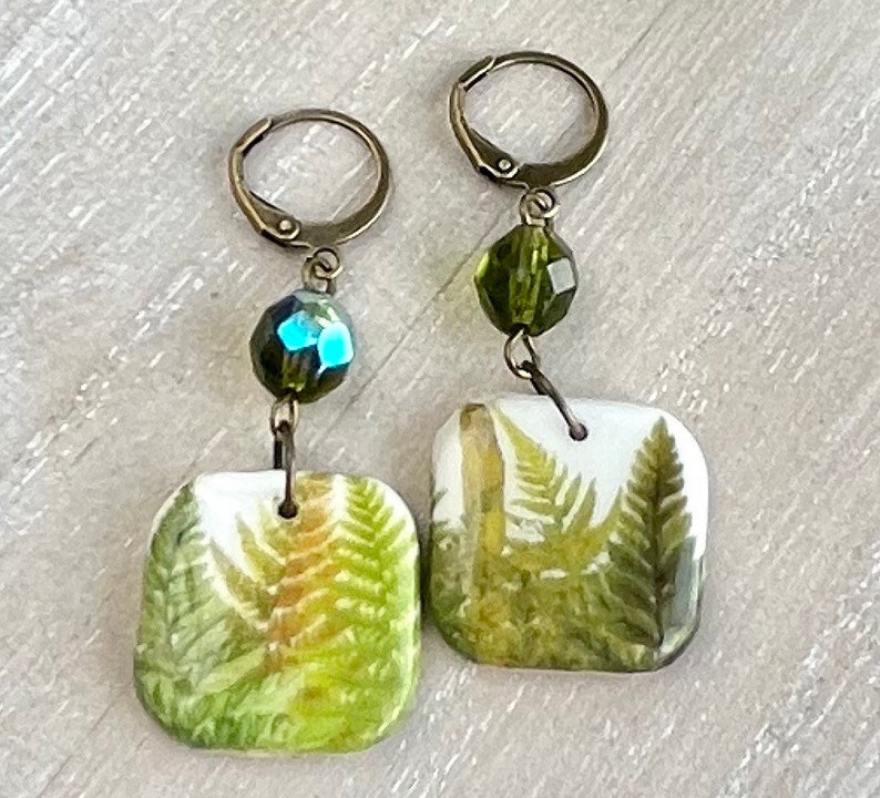 Square Fern Earrings, Clay Drop Nature Earrings, Boho Dangles, Gift for Nature Lover, Botanical Jewelry, Geometric Foliage Antique Bronze image 6