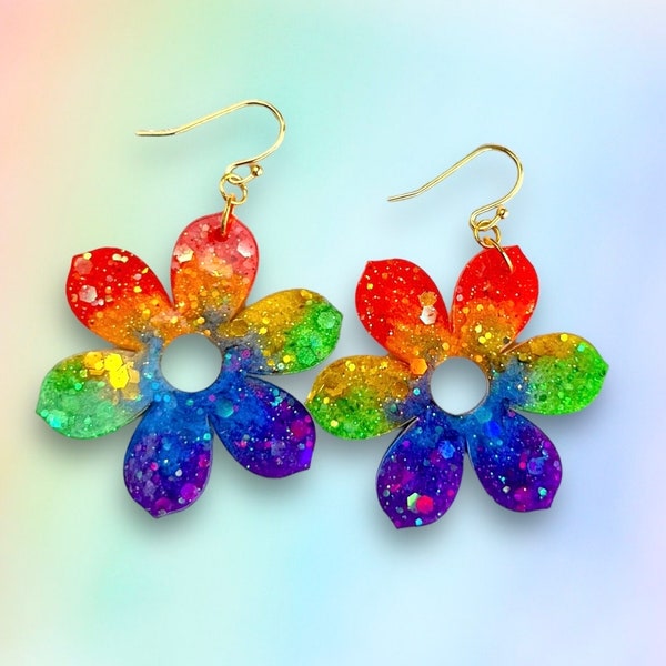 Rainbow Glitter Flower Earrings, Fun Floral Jewelry, Statement Earrings, Lightweight Resin, Gift for Her