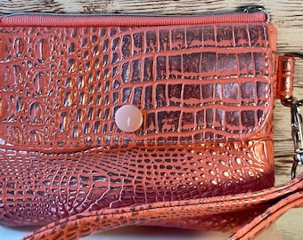 Portefeuille métallique corail en imitation croco, mini bracelet en imitation cuir pour femme, jolie pochette porte-clés