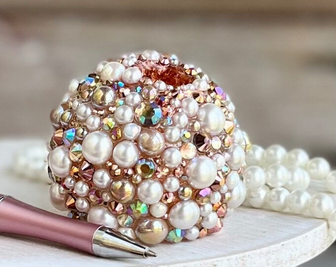 Rose Gold and Ivory Pearl Wedding Guest Book Pen Stand, Rose Gold