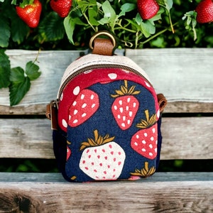 Mini Strawberry Backpack Coin Purse: Color Blocked Canvas Keyring