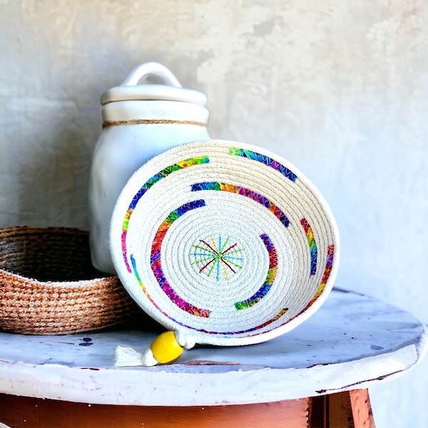 Tie Dye Rainbow Rope Bowl, Small Boho Decor Basket, Key Basket, Jewelry Dish, Change Bowl, Colorful Cotton Rope Bowl