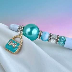 Aqua Blue Beaded Pen with Purse Charm, Fancy Bling Pen, Gift for Purse Collector, Valentine’s Gift for Her