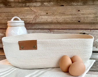 Large Oval Cord Rope Basket, Modern Farmhouse Decor, Minimalist Basket, Rope and Leather Basket for Table Centerpiece