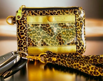 Black and Gold Glitter Leopard Print Wallet, Glam Wristlet, Evening Bag, Gift for Her, ID Wallet