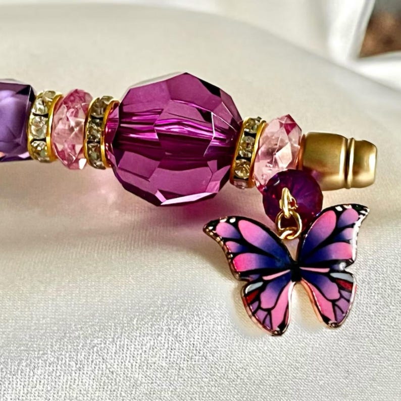Purple Beaded Pen: Butterfly Charm, Glam Desk Accessory image 4