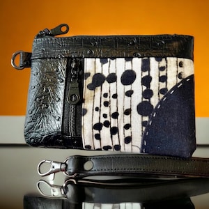 Cartera de imitación de avestruz negra, cartera de piel sintética negra, cartera con correa para la muñeca