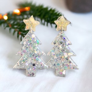 Sparkly Christmas Tree Earrings: Holographic Resin Holiday Jewelry