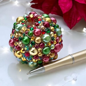 Portalápices con diamantes de imitación y perlas de Navidad, soporte para bolígrafos para libros de visitas de boda, soporte para bolígrafo individual color burdeos, verde y dorado