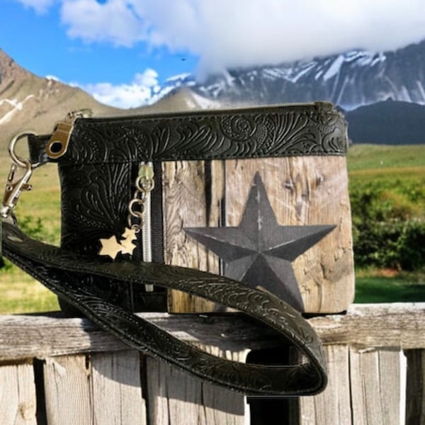 Black Tooled Faux Leather Western Wallet, Cowgirl Chic Wristlet, Key Fob Coin Purse,