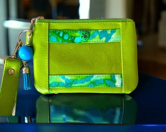 Green and Aqua Batik Mini Wristlet ID Wallet, Sea Turtle Wristlet, Cute Colorful Keychain Strap Wallet