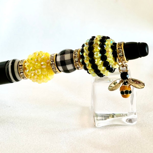 Bee Beaded Pen, Cute Bee Gift, Journal Pen, Graduation Gift for Her, Gift for Mom, Black Yellow Glam Pen, Planner Pen