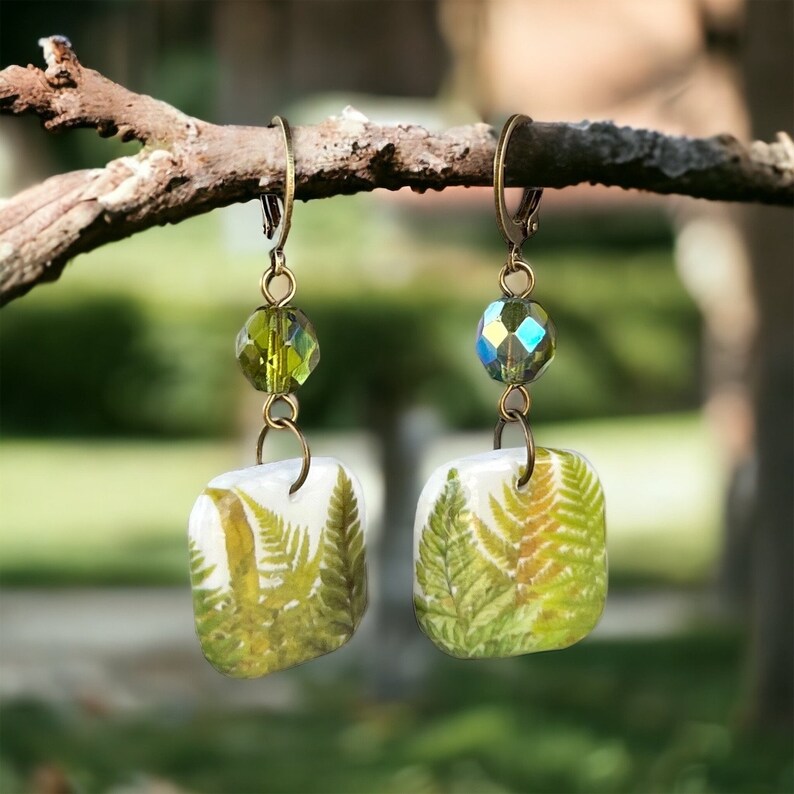 Square Fern Earrings, Clay Drop Nature Earrings, Boho Dangles, Gift for Nature Lover, Botanical Jewelry, Geometric Foliage Antique Bronze image 8