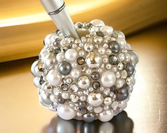 White Silver Gray Pearl Pen Stand, Wedding Guest Book Pen Holder, Glam Desk Decor, Silver Wedding Decor