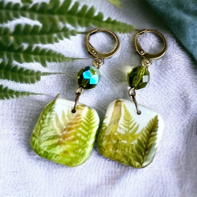 Square Fern Earrings, Clay Drop Nature Earrings, Boho Dangles, Gift for Nature Lover, Botanical Jewelry, Geometric Foliage Antique Bronze image 5