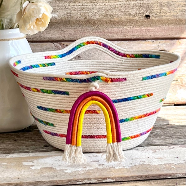 Tie Dye Rainbow Basket, Colorful Boho Rope Basket, Bold Color Decor, Gift Basket, Bright Color Easter Basket