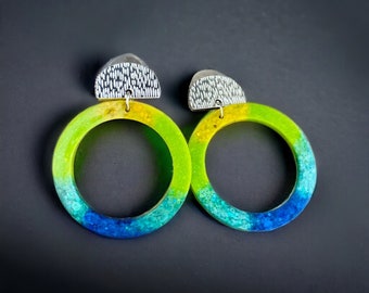 Blue Yellow GreenGlitter Hoop Earrings, Fun Colorful Jewelry, Statement Earrings, Lightweight Resin