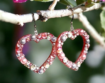 Valentine Earrings, Pink Heart Rhinestone Earrings, Valentine's Day Gift For Her