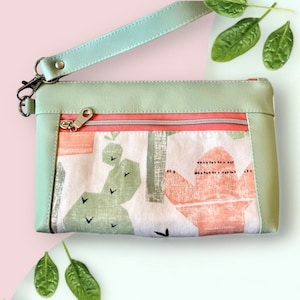 Bolso de mano con estampado de cactus del suroeste, cartera de mano de piel sintética en tonos salvia y coral, cartera pequeña de piel vegana del oeste