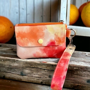 Cartera pequeña para identificación de piel sintética de color naranja y amarillo, billetera con efecto tie dye para niñas