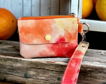 Orange and Yellow Faux Leather Mini ID Wristlet Wallet, Girls Tie Dye Wallet