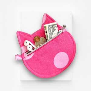 Pink Polka Dot Cat Coin Purse: Handmade Cotton Canvas Kitty Pouch