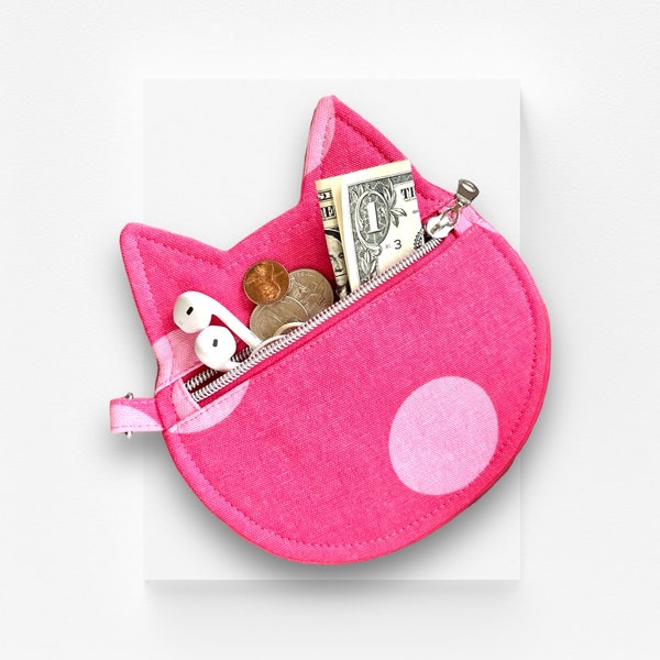 Pink Polka Dot Cat Coin Purse, Kitty Pouch, Earbud Cord Holder, Gift for Cat Lover