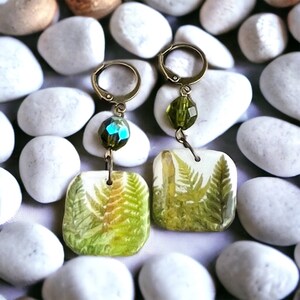 Square Fern Earrings, Clay Drop Nature Earrings, Boho Dangles, Gift for Nature Lover, Botanical Jewelry, Geometric Foliage Antique Bronze image 2