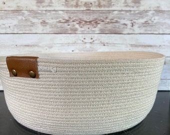 Large Round Rope Bowl with Leather Accent