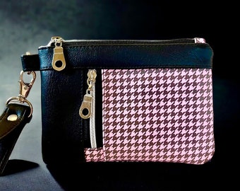 Pink and Black Houndstooth Wristlet, Faux Leather Wallet, Small Zipper Wallet with Wrist Strap