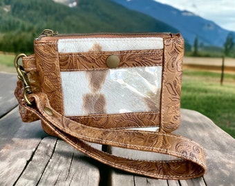 Ladies Western Wallet, Faux Leather ID Wristlet, Faux Cowhide Tooled Wrist Wallet, Cowgirl Zipper Pouch, Boho Ranch Style