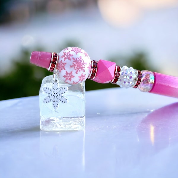 Christmas Beaded Pen, Festive Pink Holiday Pen, Secret Santa Gift, Stocking Stuffer, Christmas Card Pen