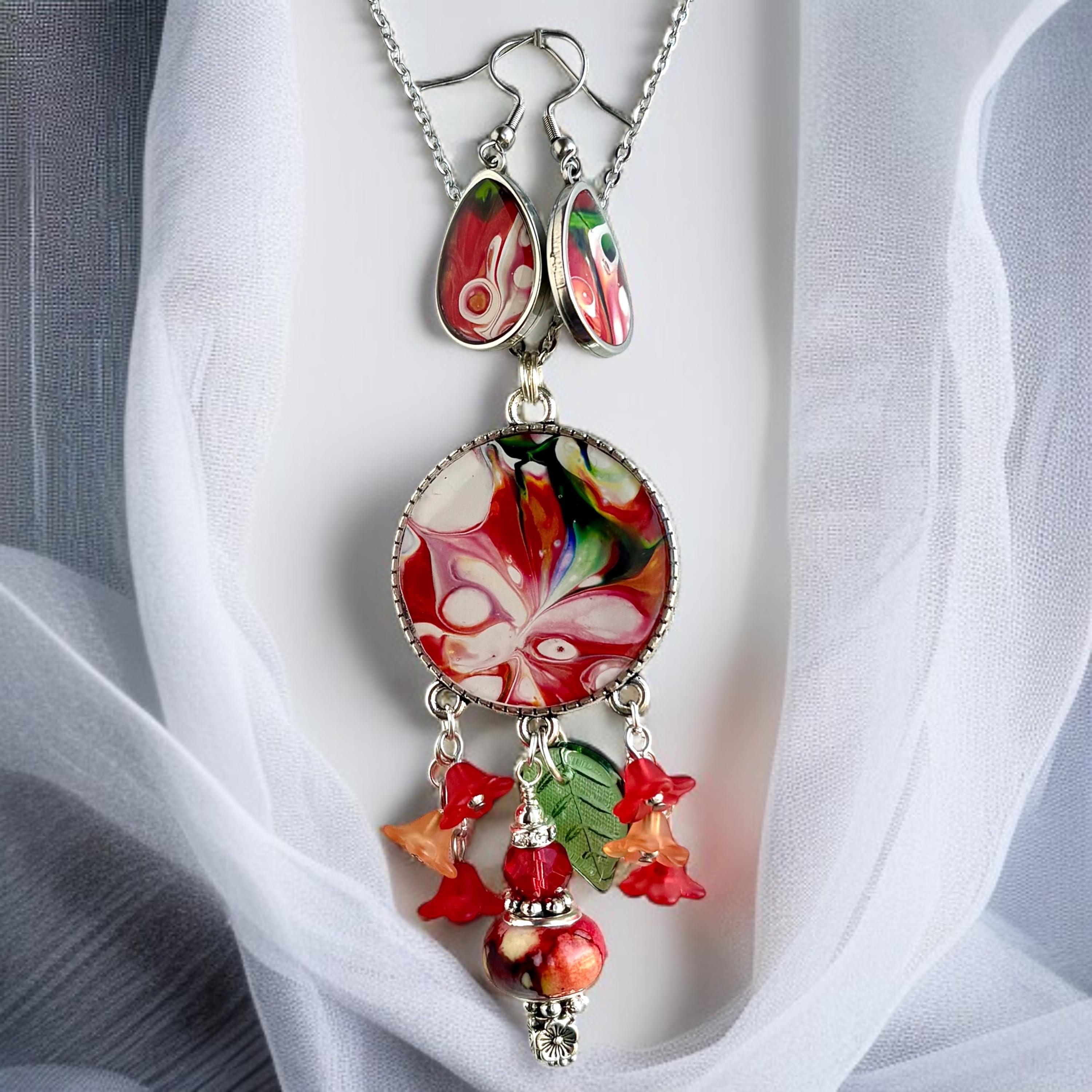 赤い抽象芸術のネックレスとイヤリングのセット：花柄シルバーメッキ