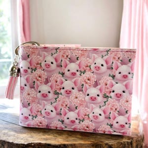 Monedero/tarjetero con llavero de piel sintética de cerdito rosa
