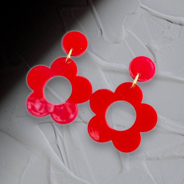 Red Floral Earrings, Lightweight Resin Flower Earrings, Fun Colorful Jewelry