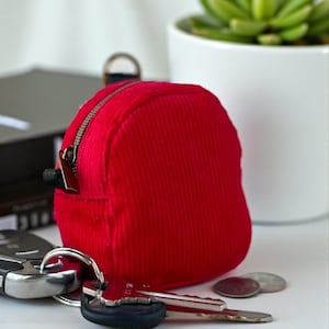 Mini Red Corduroy Backpack Coin Purse: Earbud Case, Lip Balm Holder
