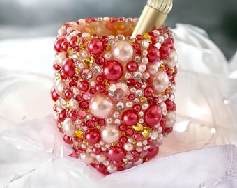 Rose Pink Pearl Rhinestone Pen Cup, Wedding Guest Book Pen Holder, Makeup Brush Holder, Pink Wedding Decor