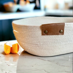 Grand panier ovale en corde, décoration de ferme moderne, panier minimaliste, corde et panier en cuir pour centre de table image 9