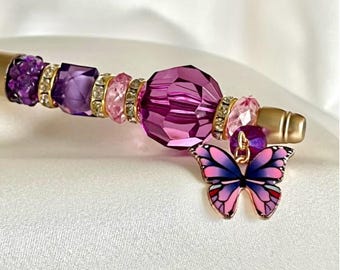 Purple Beaded Pen: Butterfly Charm, Glam Desk Accessory