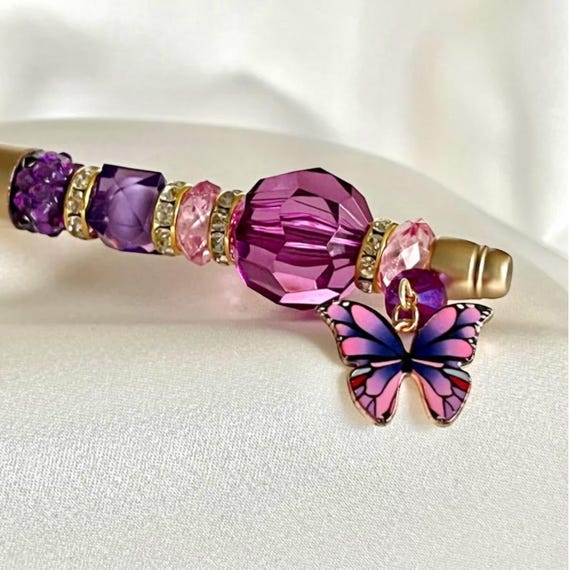 Purple Beaded Pen: Butterfly Charm, Glam Desk Accessory