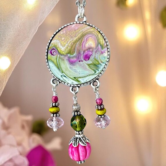 Fluid Art Jewelry Set: Rose Pink, Green, Silver Abstract Floral