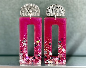 Fuchsia Silver Statement Earrings, Prom Jewelry, Special Occasion Rectangular Earrings
