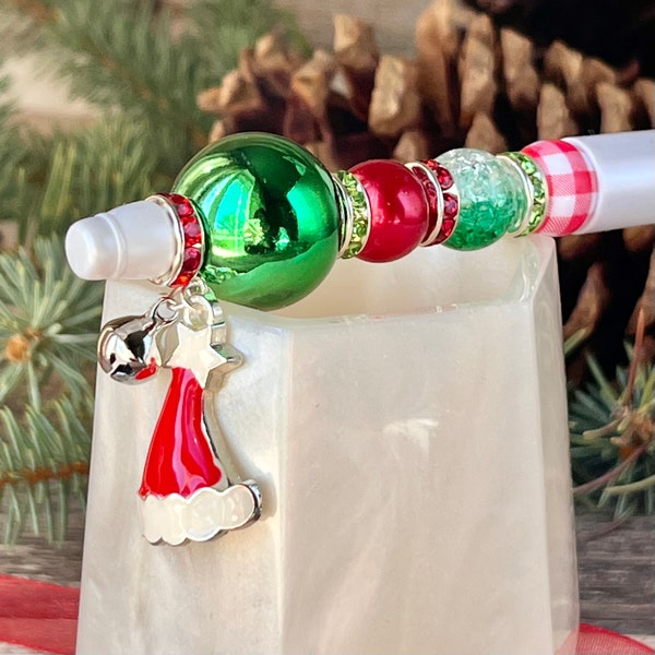 Christmas Beaded Pen, Red and Green Holiday Pen, Secret Santa Gift, Stocking Stuffer