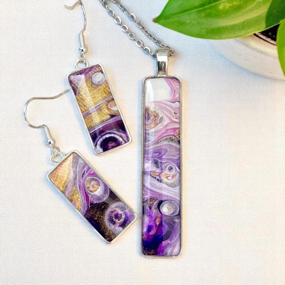 Purple Gold Abstract Art Jewelry Set: Fluid Acrylic Pendant