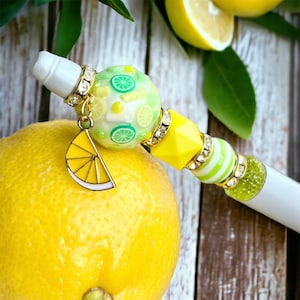 Beaded Lemon Lime Pen, Yellow Green White Cute Gift Pen, Beaded Ink Pen, Gift for Mom, Glam Desk Accessory, Teacher Gift