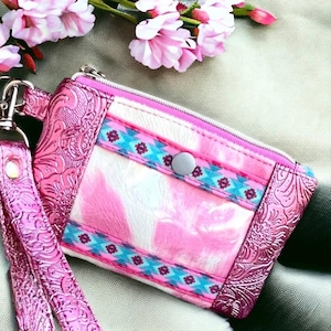 Cartera vaquera rosa para mujer, cartera de piel vegana labrada para identificación, cartera de piel de vaca sintética para la muñeca, bolsa con cremallera de vaquera, estilo ranchero bohemio
