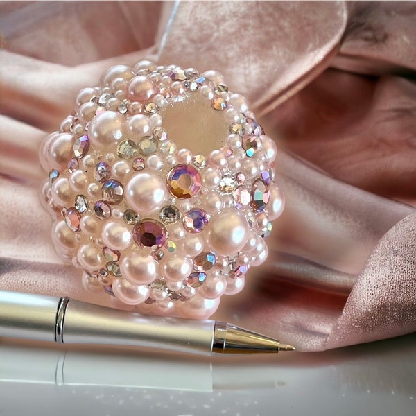 Pink Pearl Rhinestone Pen Stand, Wedding Guest Book Pen Holder, Bling Desk Decor, Pearl Paperweight