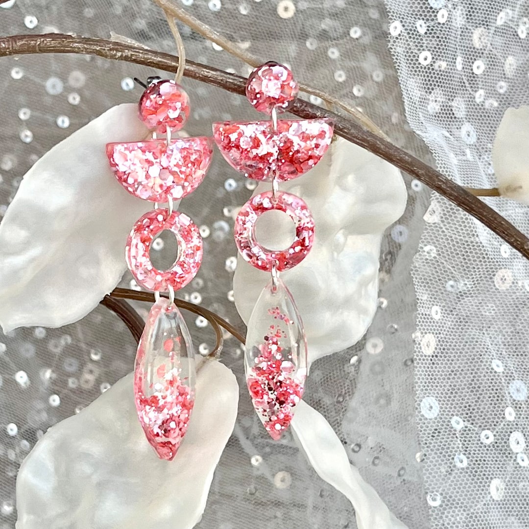 Rose Pink Glitter Earrings, Statement Earrings for Evening, Pretty Prom