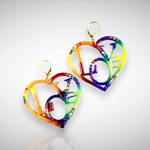 Heart Shaped Rainbow Glitter Love Earrings, Rhinestone Statement Earrings