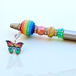 Butterfly Rainbow Beaded Pen, Gold Colorful Beaded Pen, Butterfly Gift Ink Pen, Rainbow Gift, Glam Desk Accessory, Teacher Gift